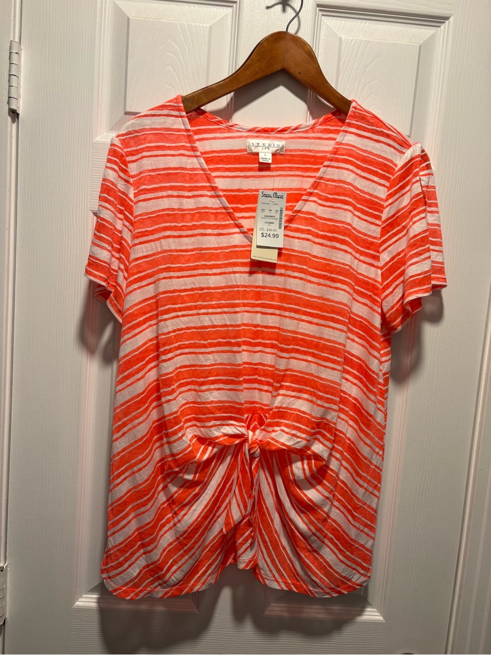 Striped Knot-Front V-Neck Tee in Coral and White